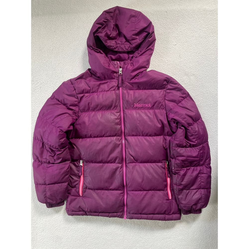Marmot Girls Large Puffer Jacket Purple 700-Fill Down Hooded 178170 Hiking Camp